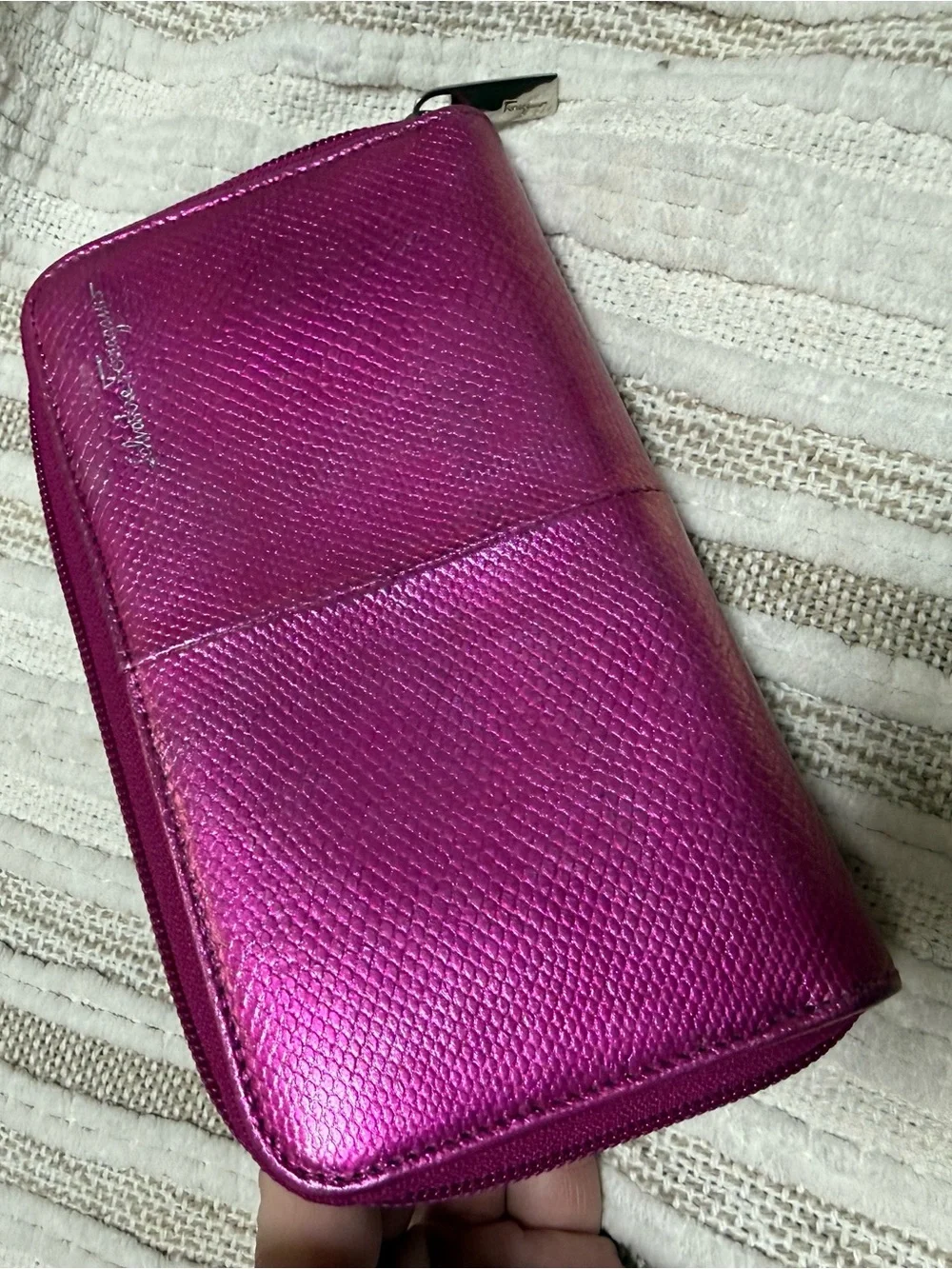 Salvatore Ferragamo Metallic Fuchsia Zip Wallet